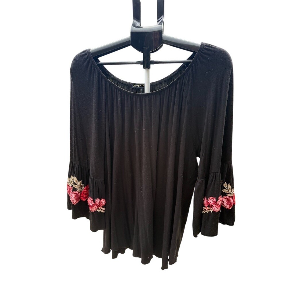 Always Indigo Blouse Womens Plus 2XL Black Peasant Boho Bell Sleeve Rose